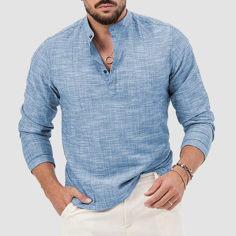 Men's Casual Cotton Korean Collar Long Sleeve Henley Shirt