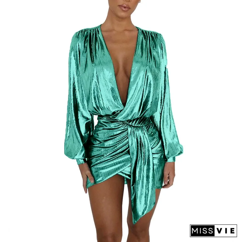 Gilding Deep V-neck Zipper Sexy Skirt Nightclub Dress