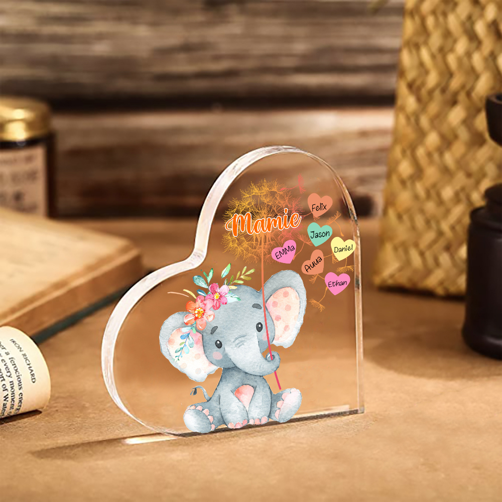 À ma Mamie - Plaque Acrylique Éléphant en Forme de Cœur 6 Prénoms Personnalisés