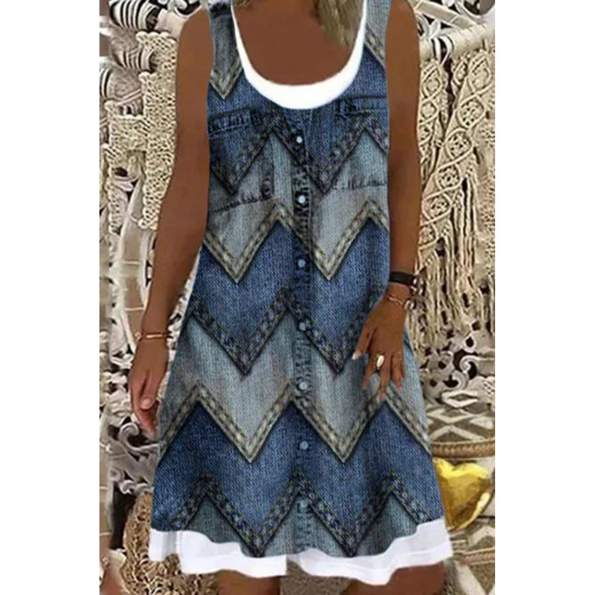 Mature Women Summer Printed Patchwork Round Neck Sleeveless Pleating Dress
