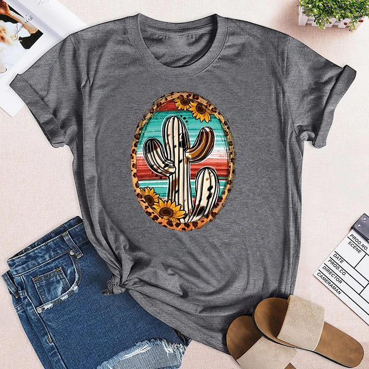 Cowhide Serape And Sunflower Cactus Retro Tee-05869