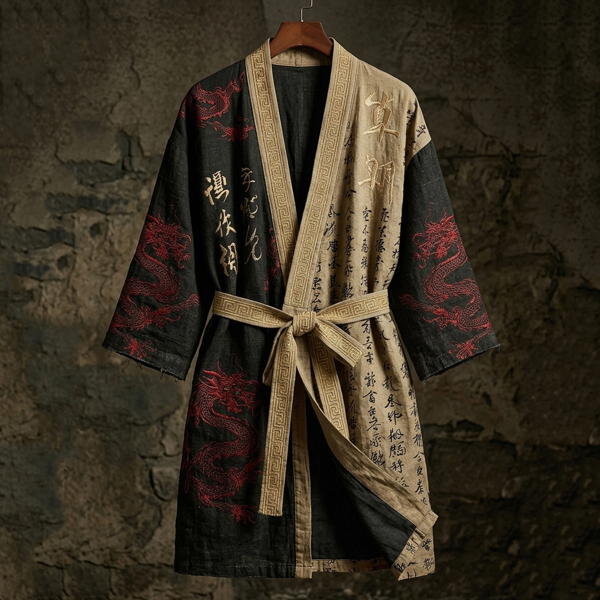 Men's Japanese Calligraphy & Dragon Art Casual Linen Long Kimono elevenforest