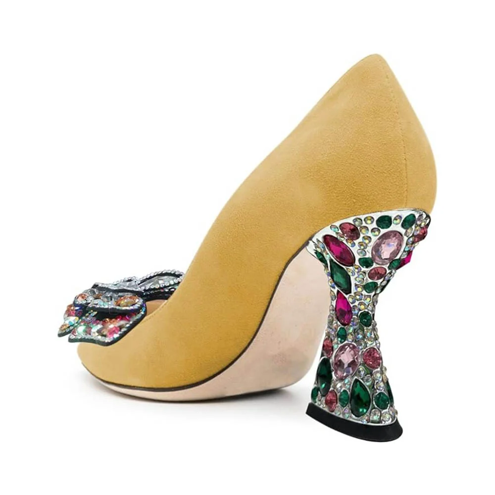 Chic Yellow Decorative Heel Rhinestone Butterfly Pumps for Women