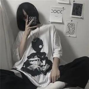 Japan Gray Tshirt Streetwear Loose Summer T Shirt Women Harajuku Punk Short Sleeves T-shirts Tops Tee Hip Hop Loose Tshirt Girls