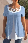Plus Size Cross Strap Short Sleeve Blouses