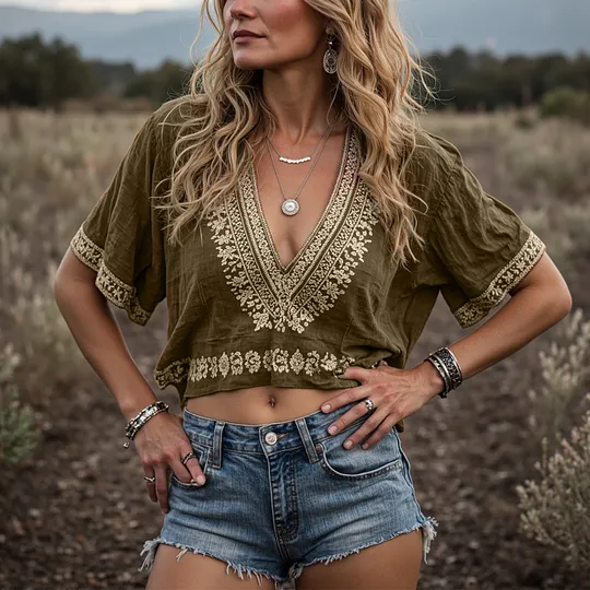 Women's Bohemian Chic: Embroidered Crop Top 