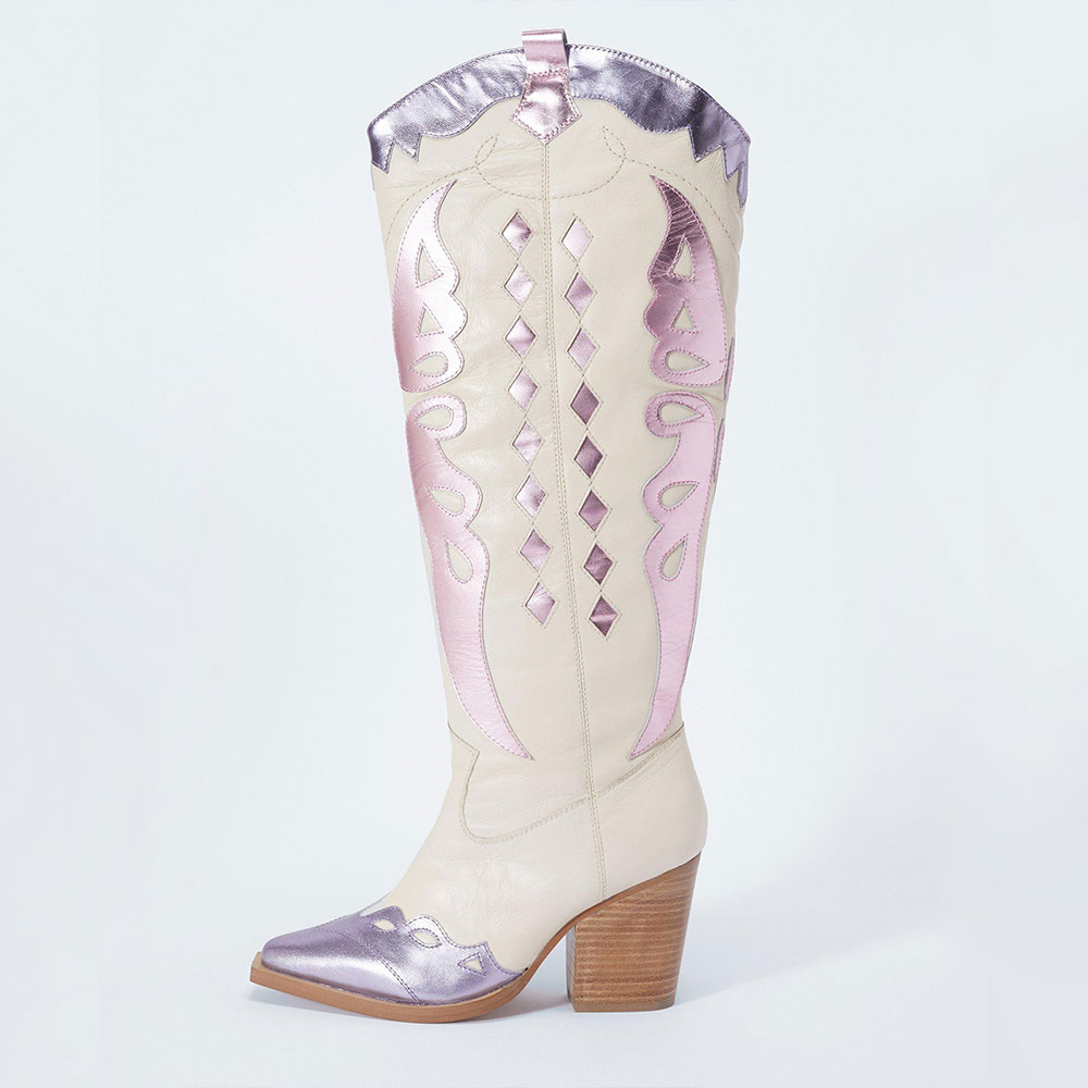 White Stacked Heel Pink Metallic Butterfly Knee Cowgirl Boots
