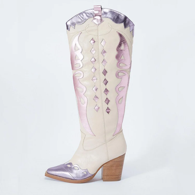 White Stacked Heel Pink Metallic Butterfly Knee Cowgirl Boots |FSJ Shoes