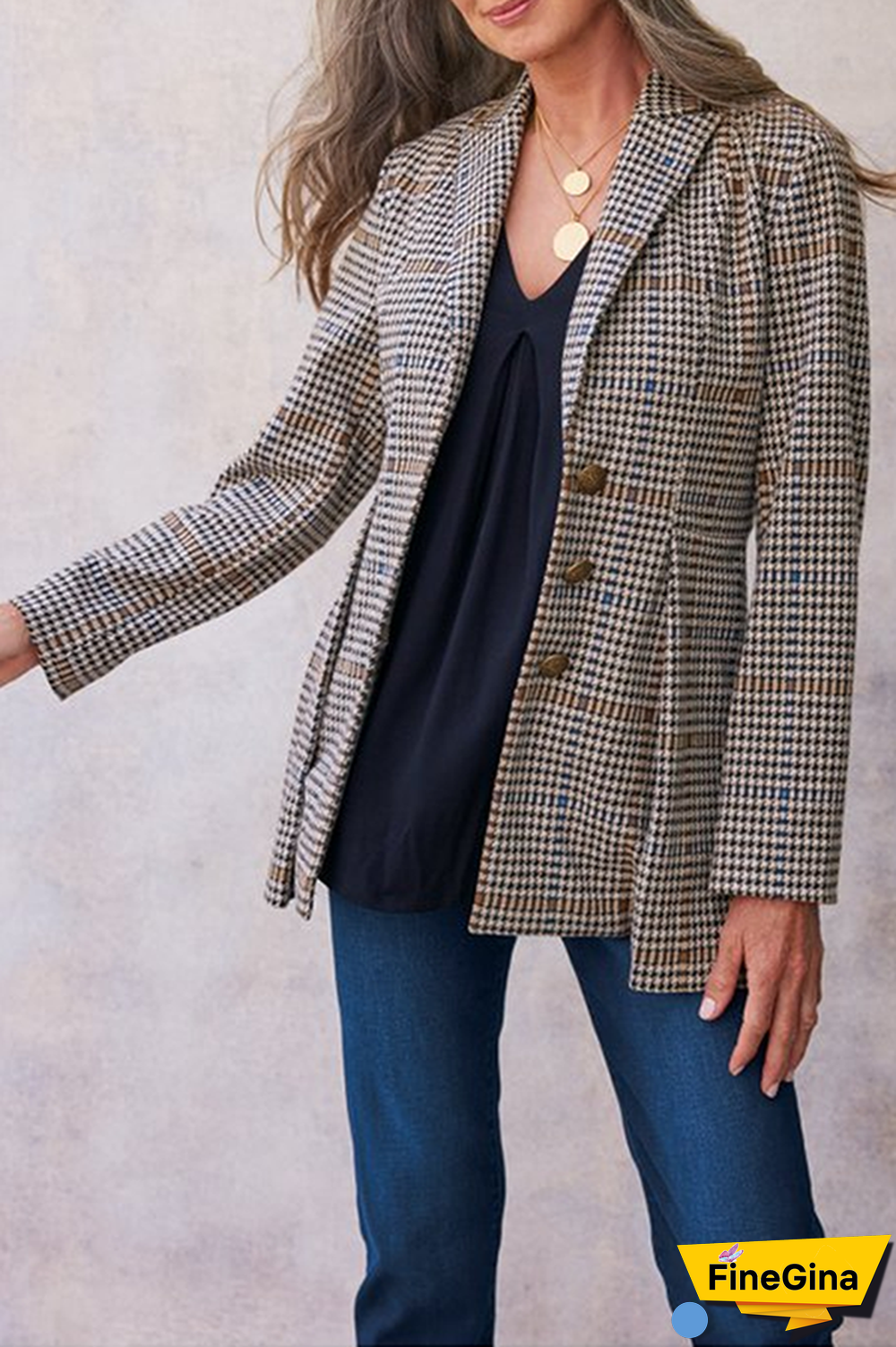 Elegant Plaid Patchwork Buckle Turn-back Collar Outerwear