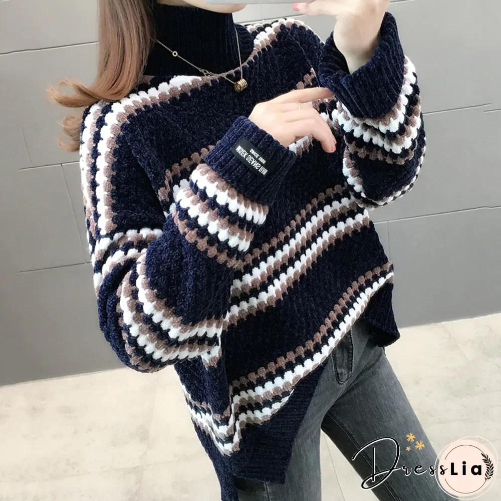 Warm Sweater Women's Velvet Full-sleeve Sweater Winter Solid Color Ladies High-neck Loose Women's Pullover
