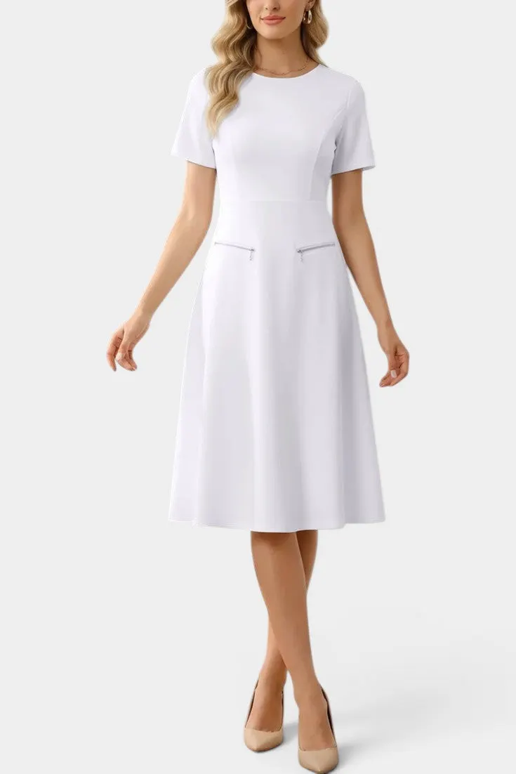 Classic A-Line Midi Dress with Zippered Pockets
