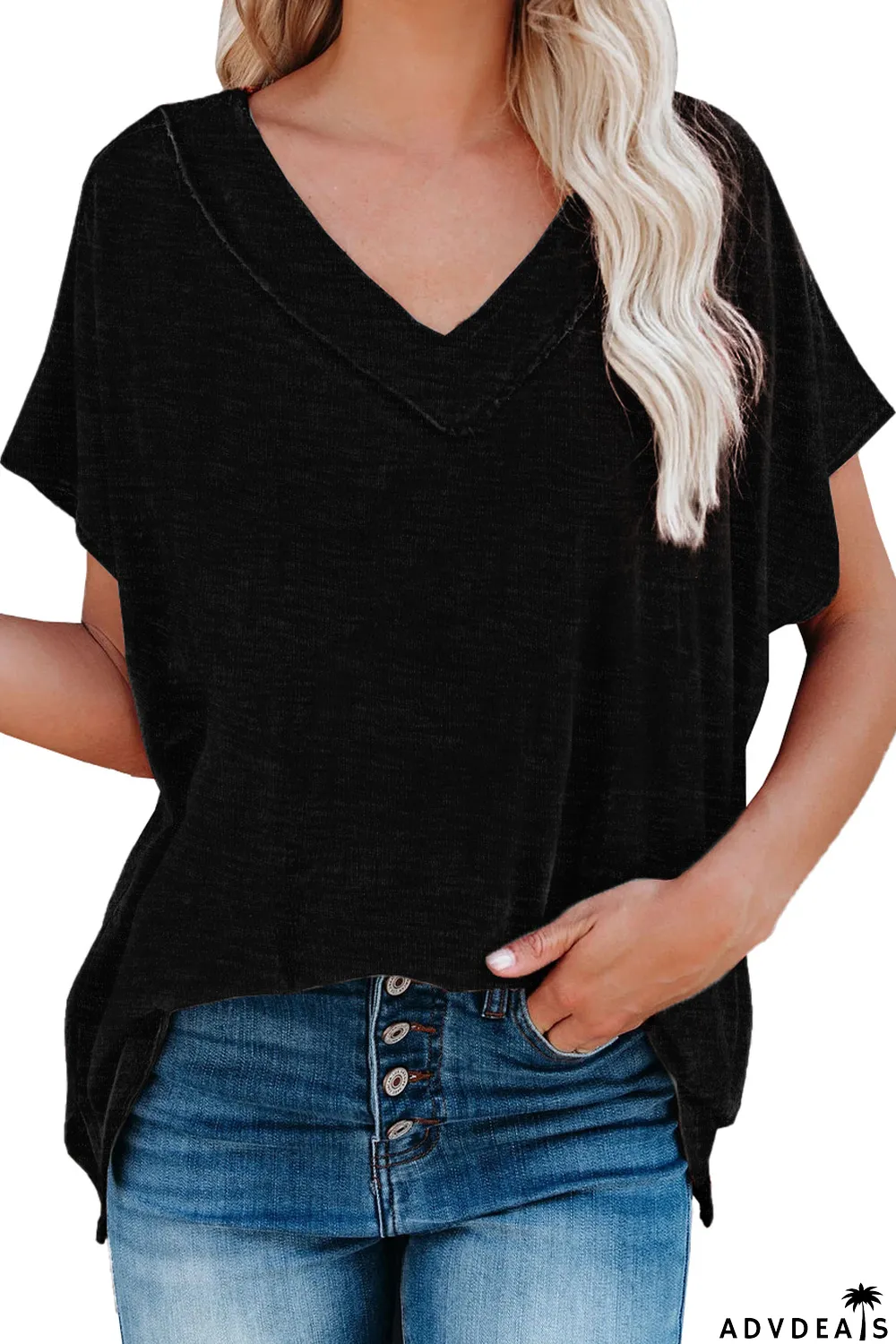 Black Oversized Mineral Wash Cotton Blend V Neck Short Sleeves Top
