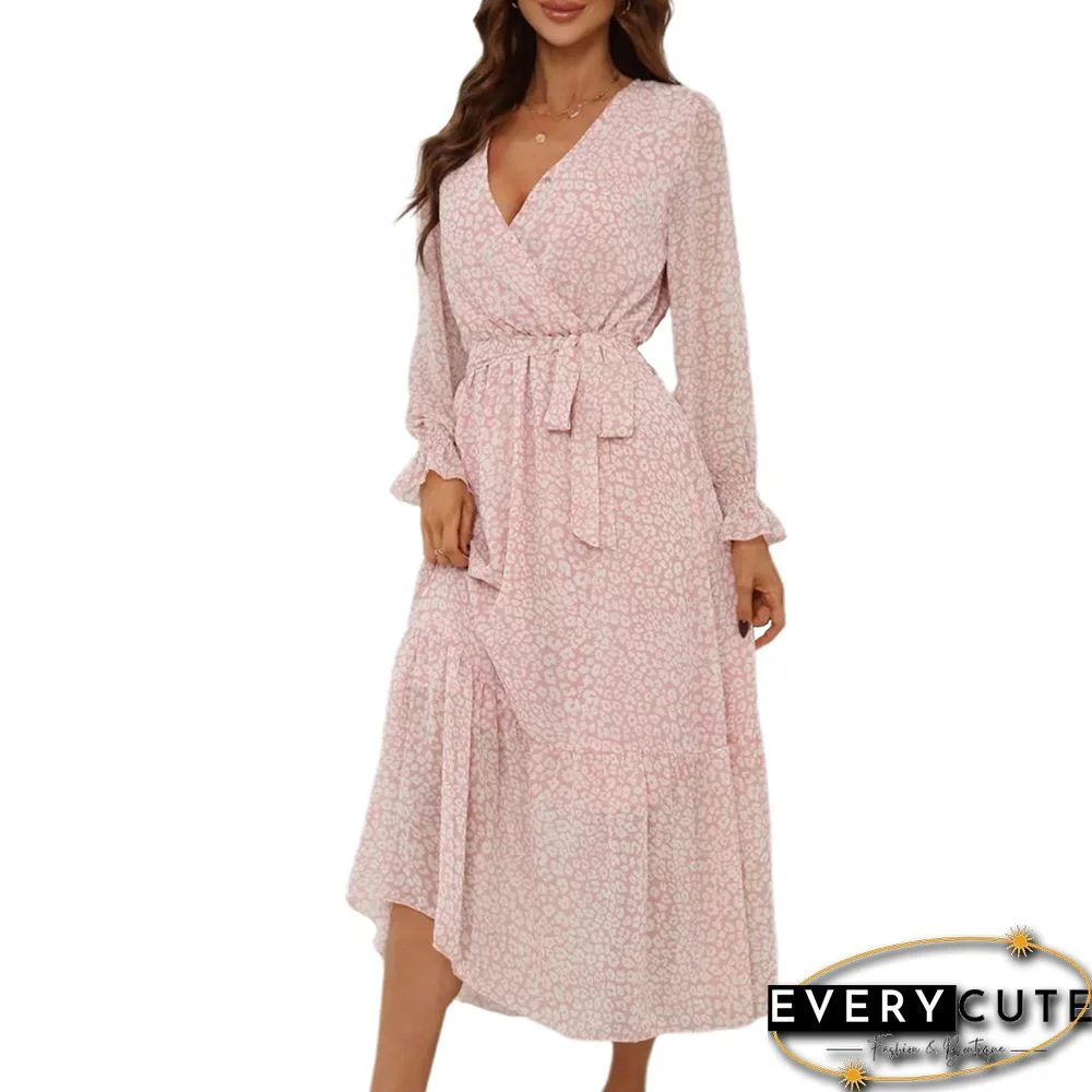 Pink Floral Print V Neck Long Sleeve Swing Dress