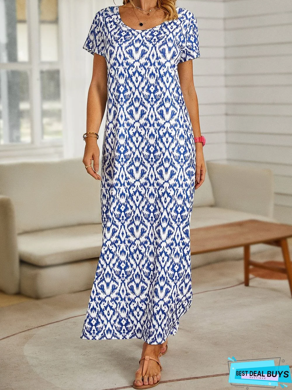 Boho Tribal Floral Geometric Casual Loosen Scoop Neckline Short Sleeve Midi Knit Dress
