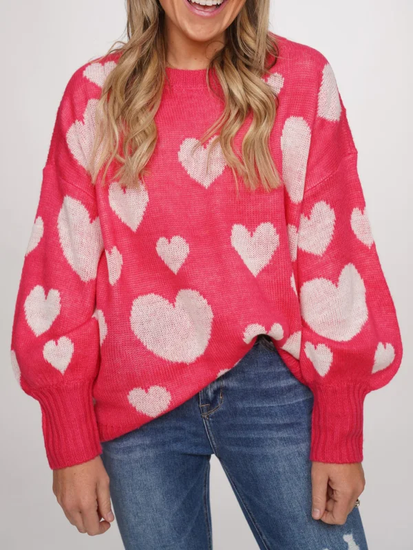 Round Neck Heart To Heart Sweater Tops