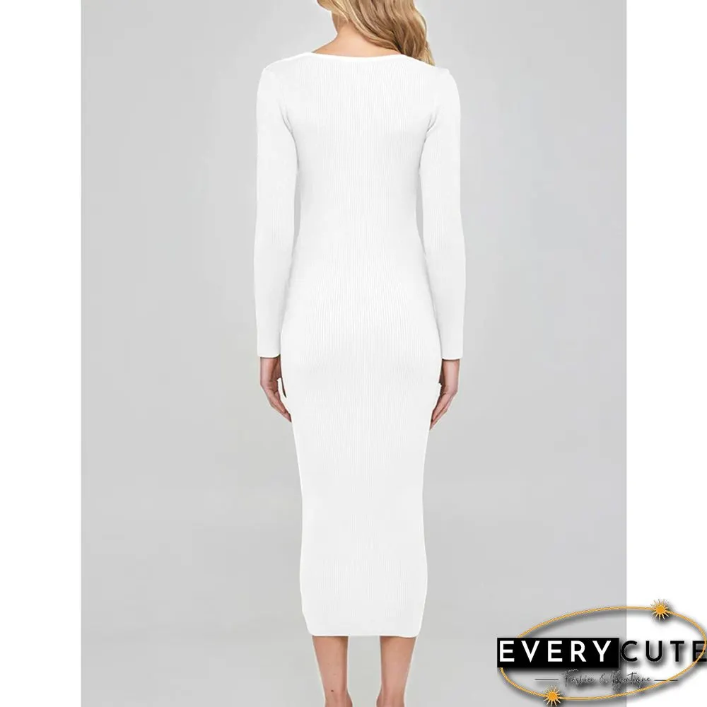 White Cut-out Ribbed Long Sleeve Bodycon Dress