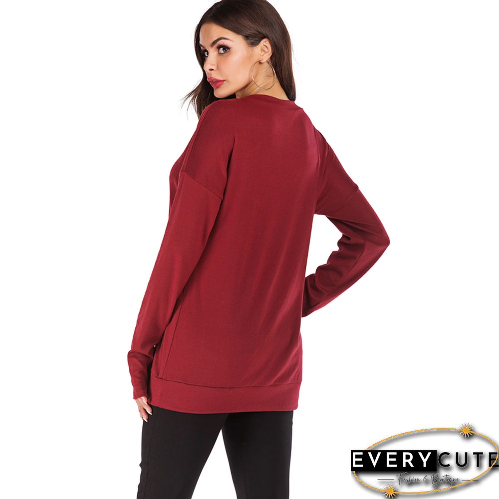 Wine Red Long Sleeve Pullover Sweatshirt