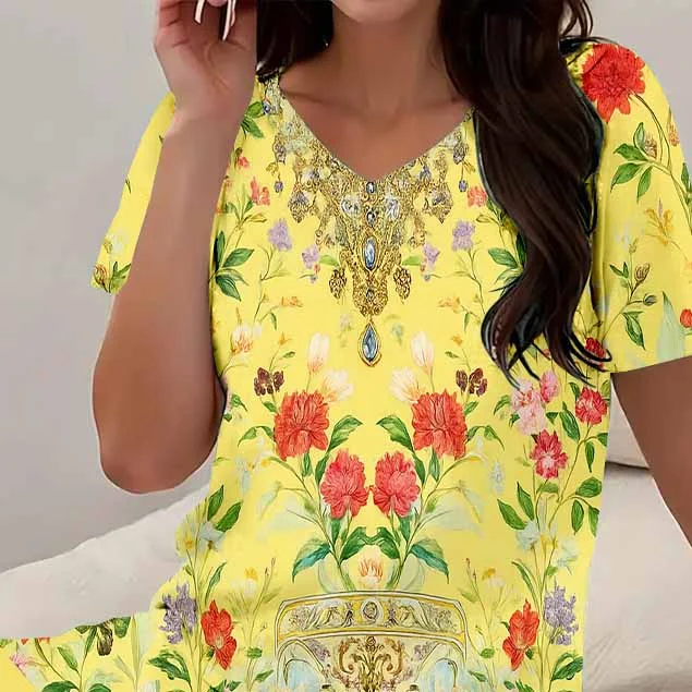 Women Floral, Yellow, Red DZCJ0167 Short Sleeve Tops and Shorts Plus Size