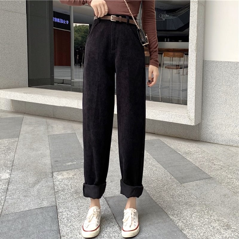 Zoki High Waist Corduroy Pants Fashion Belt Autumn Wide Leg Full Pants Spring Korean Pure Cotton Black Streetwear Ladies Trouser