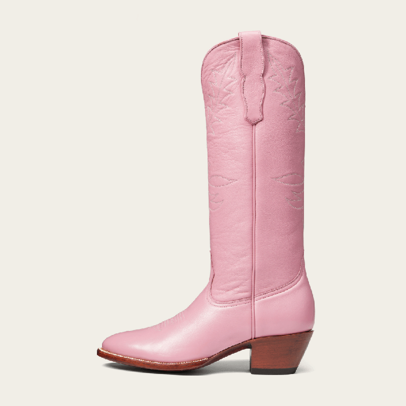 Pink Block Heel Calf Boot Women's Pointed Toe Sewed Cowgirl Boots