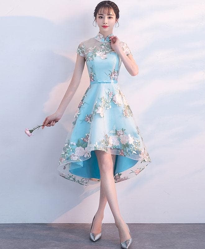 Unique Blue Tulle Embroidery Short Prom Dress, Blue Evening Dress