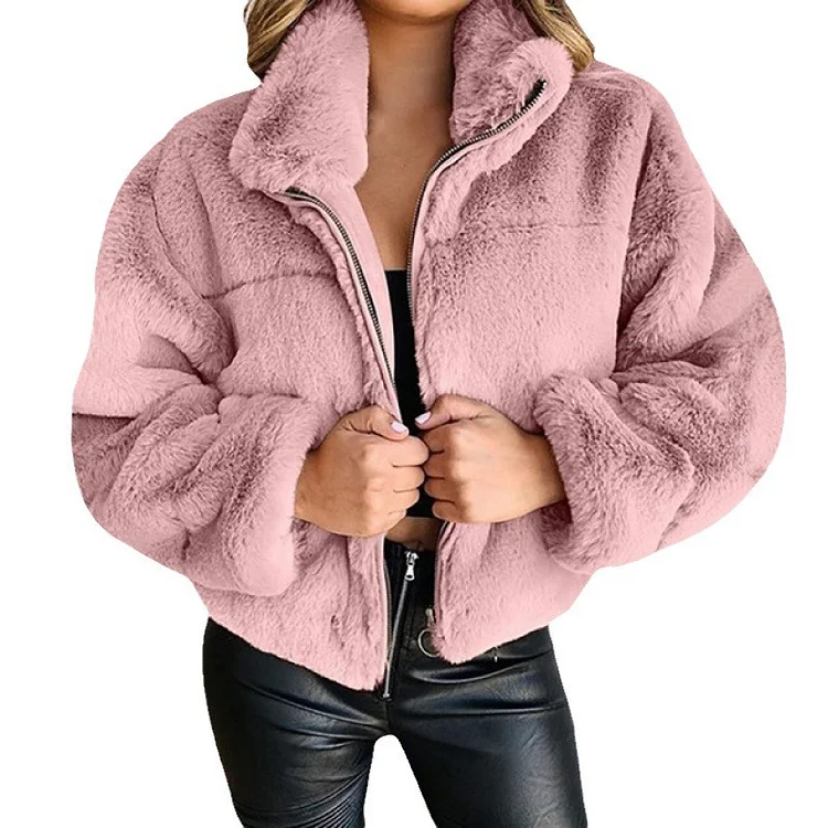 PASUXI Women's Short Faux Fur Coat Casual Shaggy Jacket Warm Winter Zip-Up Fluffy Outwear huanwei