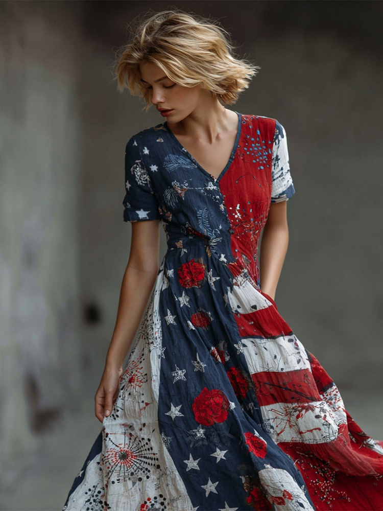  Vintage Floral American Flag Patchwork Art Linen Maxi Dress Westsshops