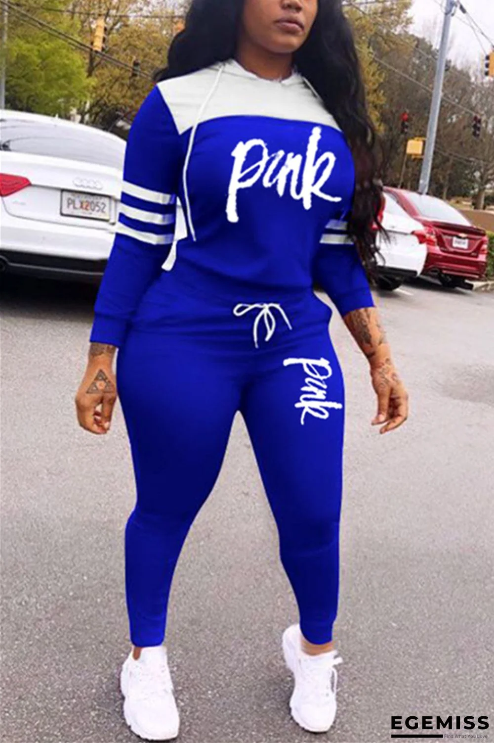 Blue Casual Patchwork Two Piece Suits Print pencil Long Sleeve | EGEMISS