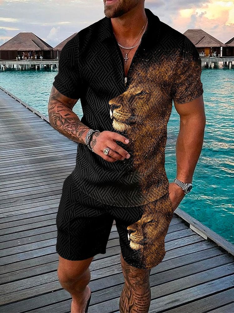 Men's Holiday Lion Art Printing Polo Suit