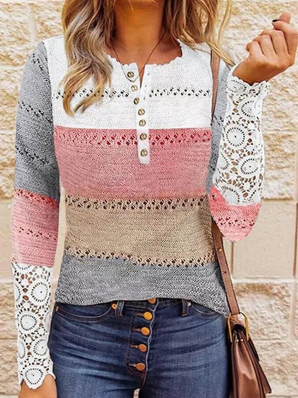 Women's Pullovers Colorblock Lace Stiching Pullover