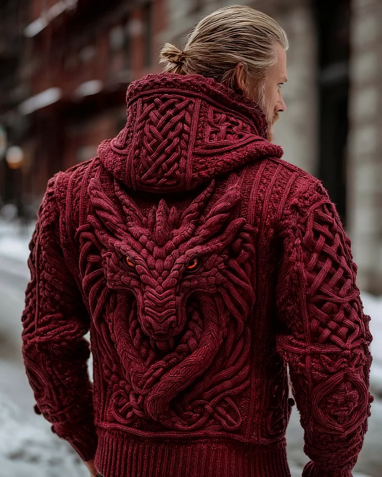 Men's Vintage Viking Dragon Style Celtic Knot Art Chunky Knit Hooded Zip-up Sweater