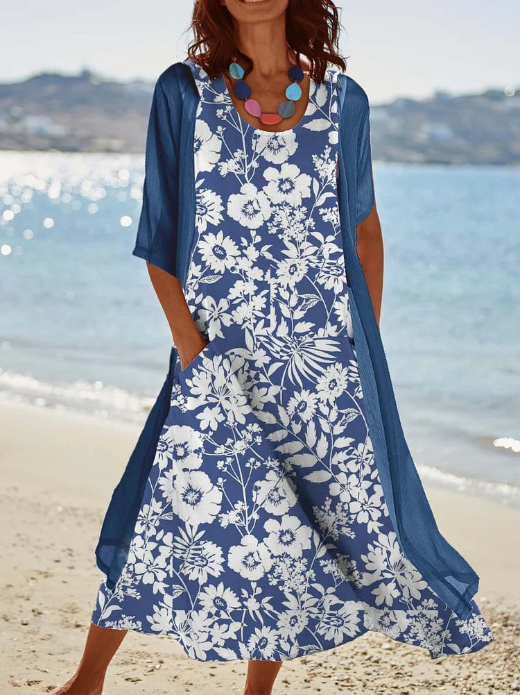 Women's Blue Floral Print Two Piece Casual Midi Dresses socialshop