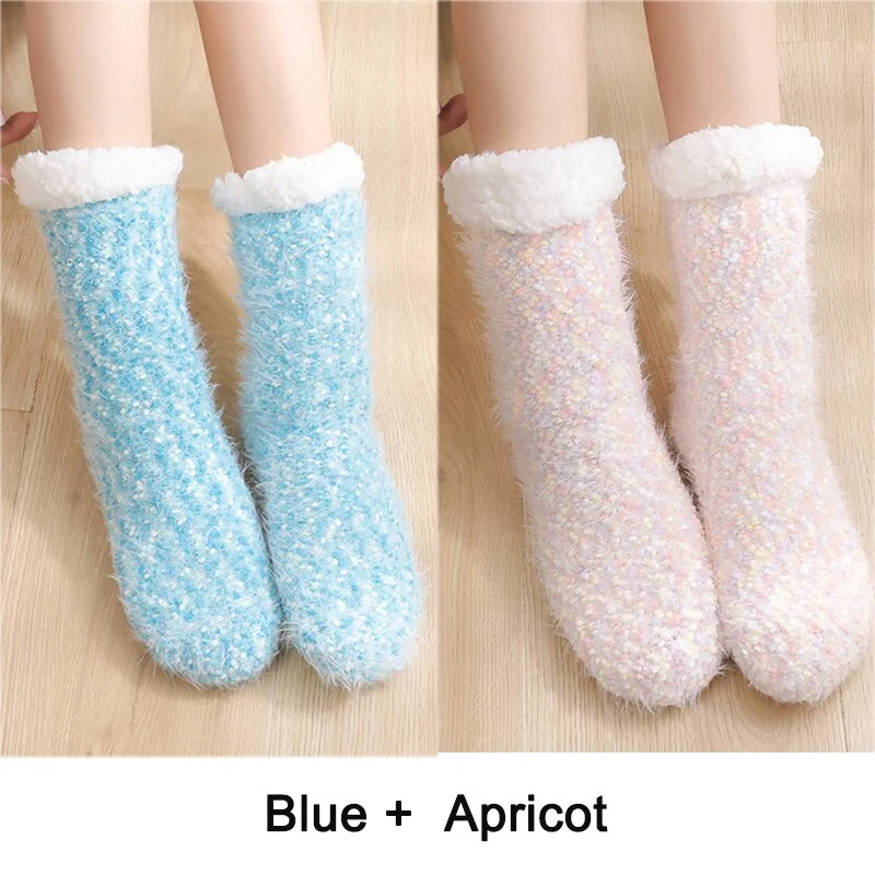 2PCS Warm Floor Socks Women Winter Socks Thick Plush Non-slip Female Sleeping Home Sox Christmas Gifts Harajuku Design for Girls