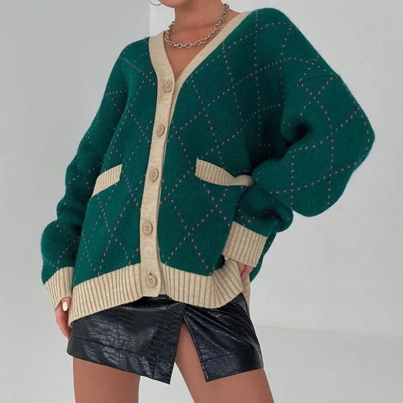 UForever21 Women Vintage Argyle Knitted Cardigan V-Neck Long Sleeve Single Breasted Pockets Oversized Sweater Casual Female Knitwear Autumn