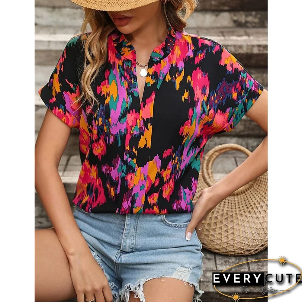 Red Multicolor Floral Printed Short Sleeve Top