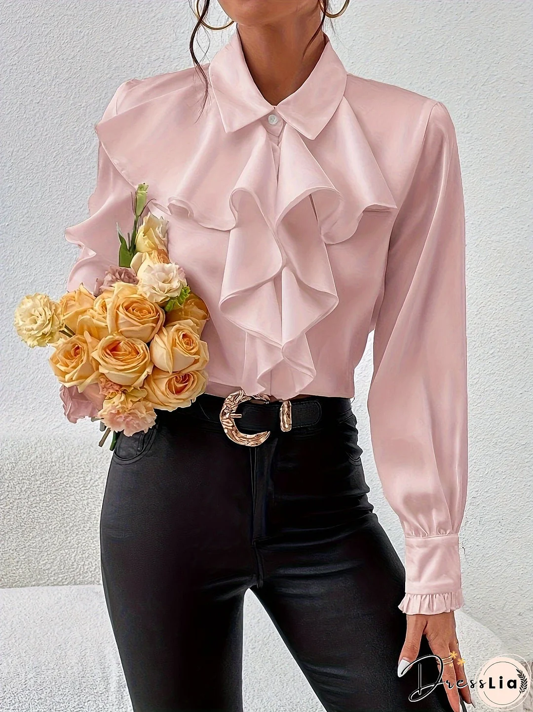 Ruffle Trim Solid Blouse, Elegant Long Sleeve Work Blouse, Women's Clothing