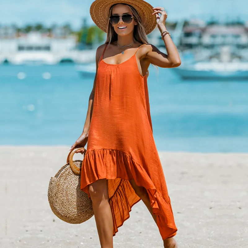 Holiday Style Solid Color Sling Irregular Skirt Casual Dress