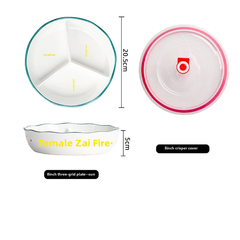 Ceramic Compartment Deep Bowl With Lid Sealed Partition Bowl Heat-resistant Microwave Oven Special Three-compartment Bowl Plate Snack Lunch Box