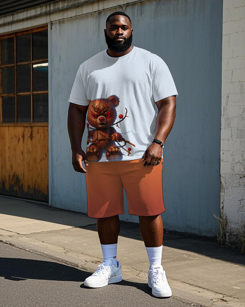 Big Men's Hip Hop Cartoon Angry Bear with Thorny Branches Printed Casual Short Sleeve T-shirt Shorts Set