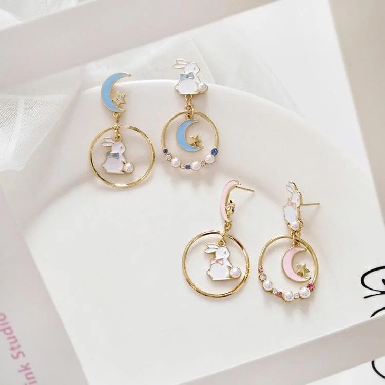 Sweet Cute Moon And Rabbit Pearl Beads Earrings Ear Clip SP15022