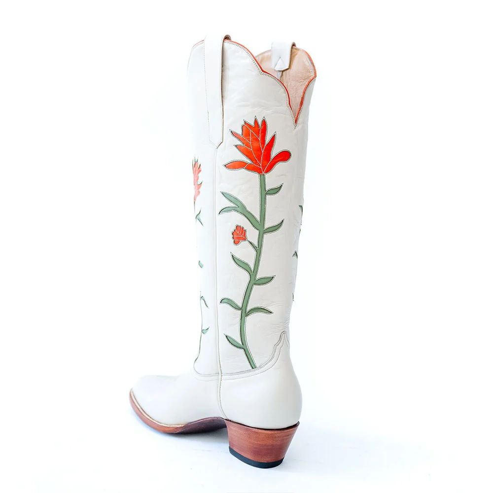 YDN Women's White Chunky Heel Knee High Flower Cowboy Boots