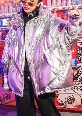 Fine silver gray print women parka oversize down jacket hooded zippered overcoat