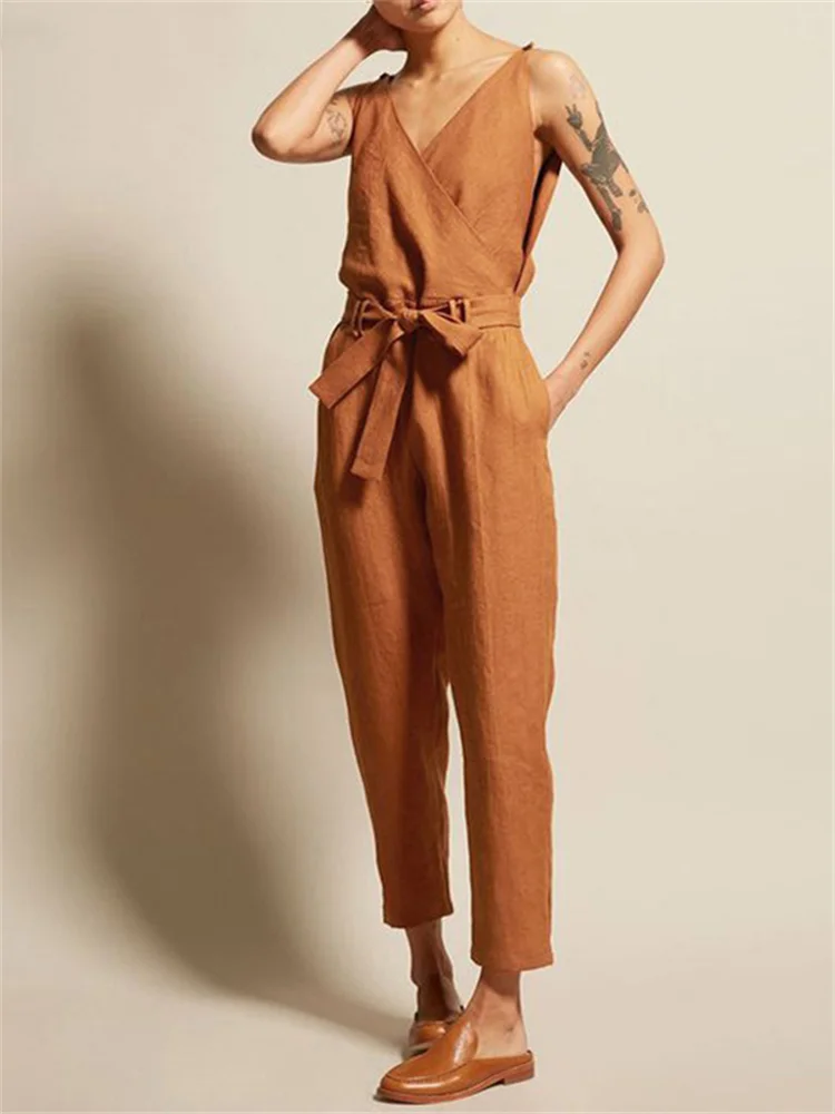V Neck Wrap Tied Casual Jumpsuit