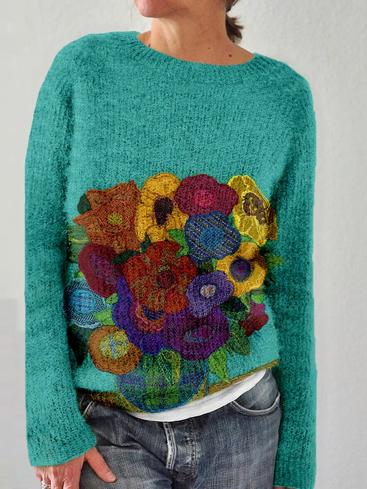Sunflowers Felt Art Crew Neck Comfy Knit Sweater