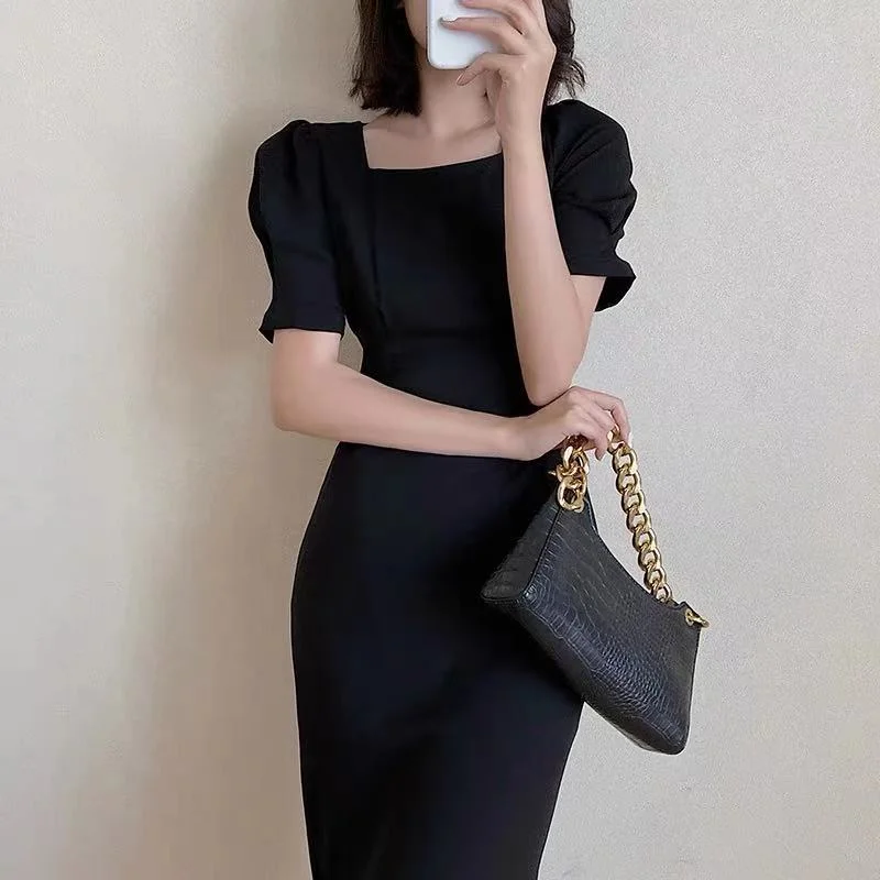 Summer Women Elegant Midi Slim Solid Black Dress Office Lady Fashion Bodycon Puff Sleeve Dress