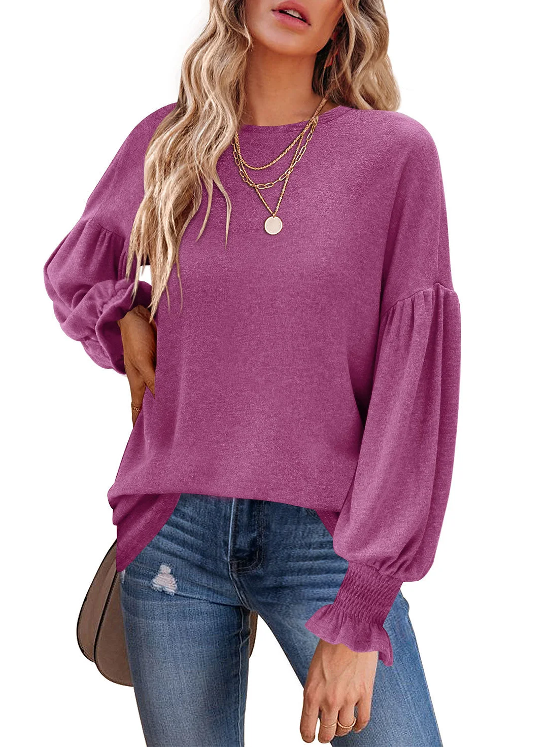 MIHOLL Womens Long Sleeve Top Crew Neck Ruffle Lantern Sleeve Casual Loose Blouse T Shirts