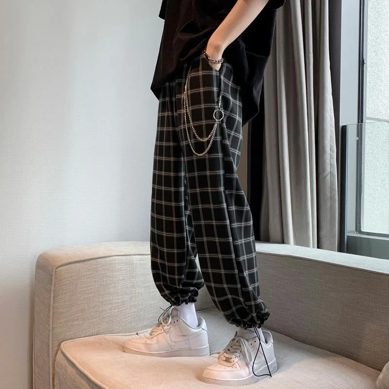 Aonga 2022 Men Harem Pants Plaid With Chain Wide Leg Streetwear 2022 Summer New Hip Hop Casual Trousers Fashion Male Pants Men's Clothing