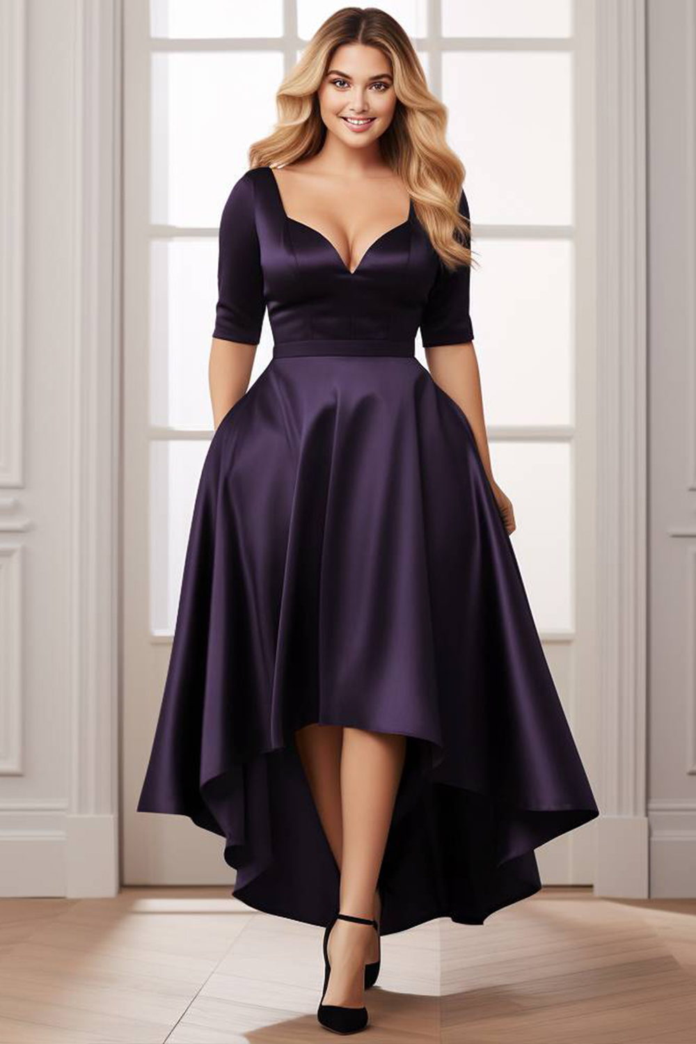 Flycurvy Plus Size Mother Of The Bride Dark Purple Satin High Low Hem Half Sleeve Maxi Dress 2024 - Flycurvy 