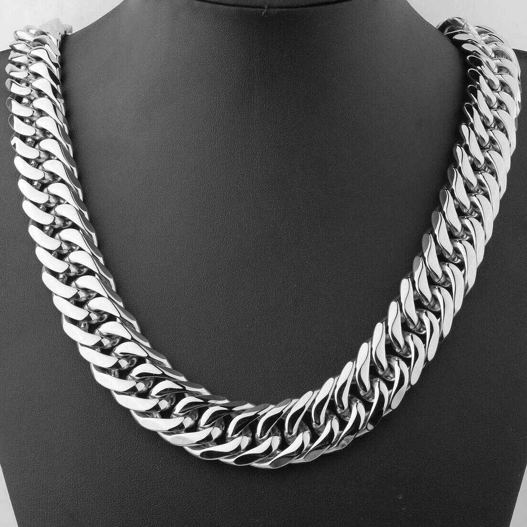 Silver Cuban Link Chain Necklace for Men Titanium Stainless Steel Chains Miami Tone Diamond Cut Chain Necklaces Accessories Jewelry 9/11/13/16/19/21MM 16-36 Inch