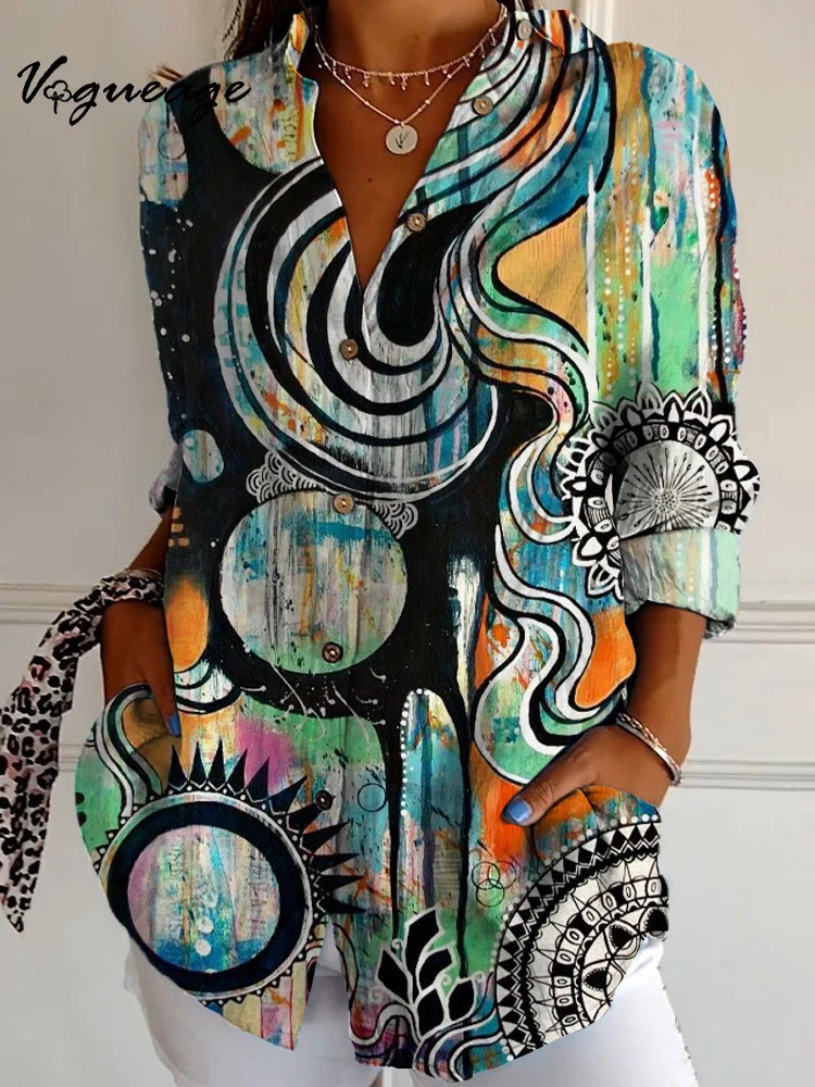 Abstract Painted Line Flower Shape Long Sleeves Printed Cotton And Linen Shirt